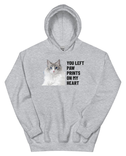 You Left Paw Prints On My Heart Custom Pet Hoodie (Sport Grey), Cloud the Ragdoll cat: front view. [ks Colour=Sport Grey; kind=product]