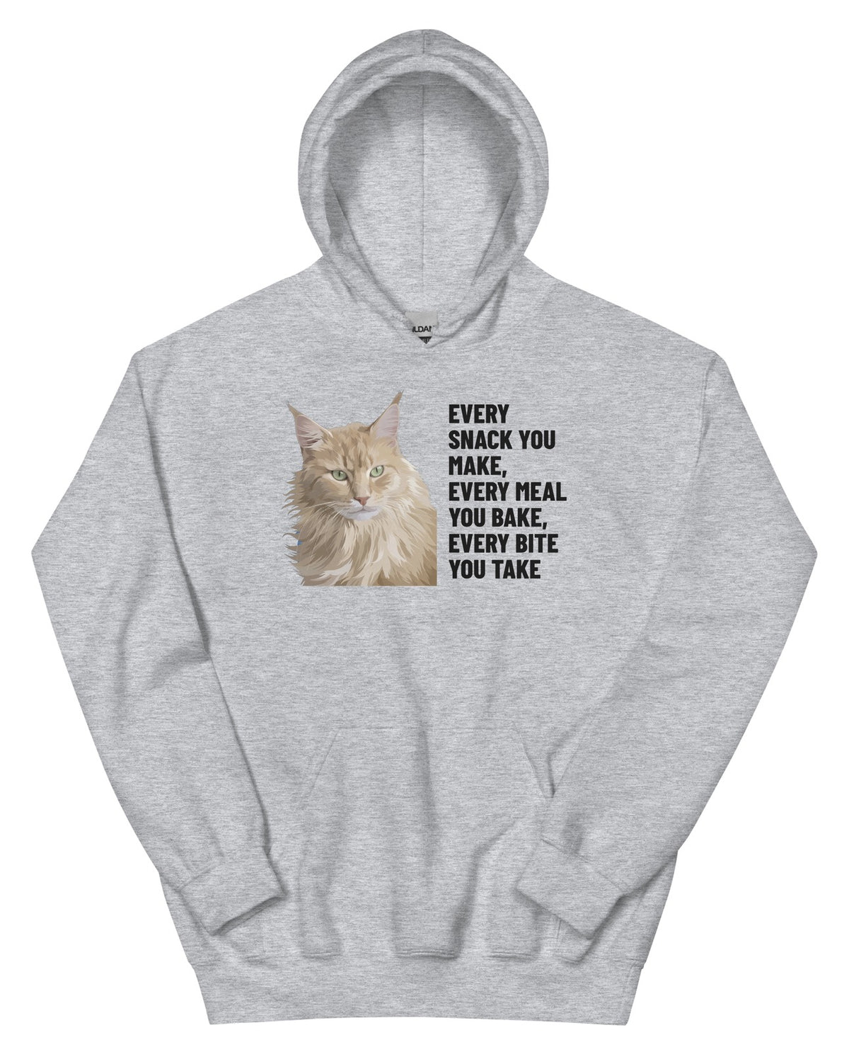 Every Snack You Make, Every Meal You Bake, Every Bite You Take Custom Pet Hoodie (Sport Grey), Caramel the Maine Coon cat: front view. [ks Colour=Sport Grey; kind=product]