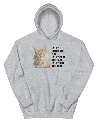 Every Snack You Make, Every Meal You Bake, Every Bite You Take Custom Pet Hoodie (Sport Grey), Caramel the Maine Coon cat: front view. [ks Colour=Sport Grey; kind=product]