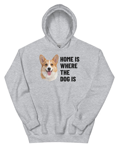 Home Is Where The Dog Is Custom Pet Hoodie (Sport Grey), Bailey the Pembroke Welsh Corgi: front view. [ks Colour=Sport Grey; kind=product]
