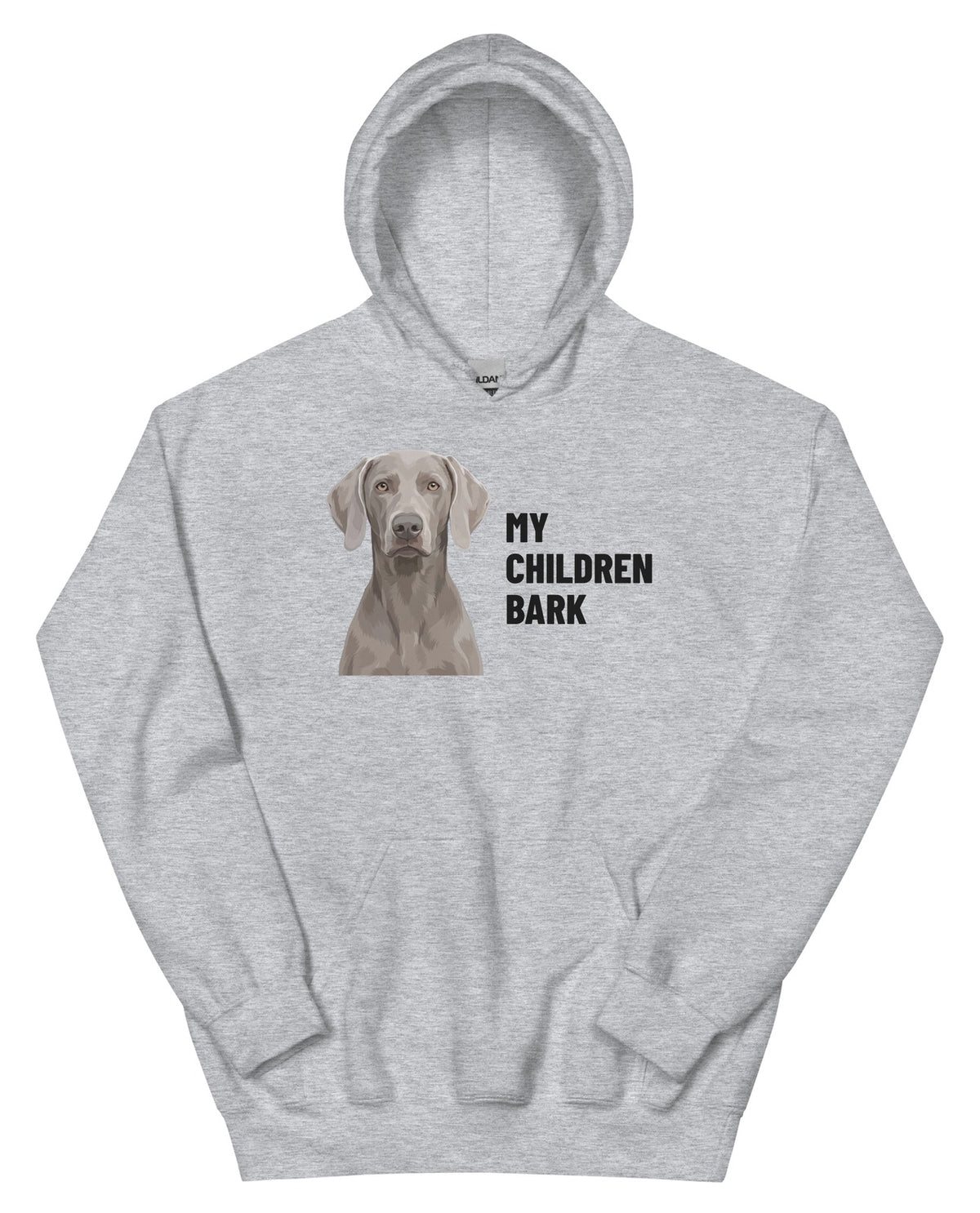 My Children Bark Custom Pet Hoodie (Sport Grey), Pewter the Weimaraner: front view. [ks Colour=Sport Grey; kind=product]