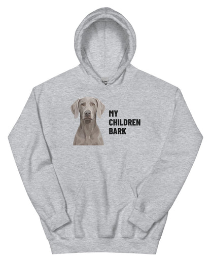 My Children Bark Custom Pet Hoodie (Sport Grey), Pewter the Weimaraner: front view. [ks Colour=Sport Grey; kind=product]