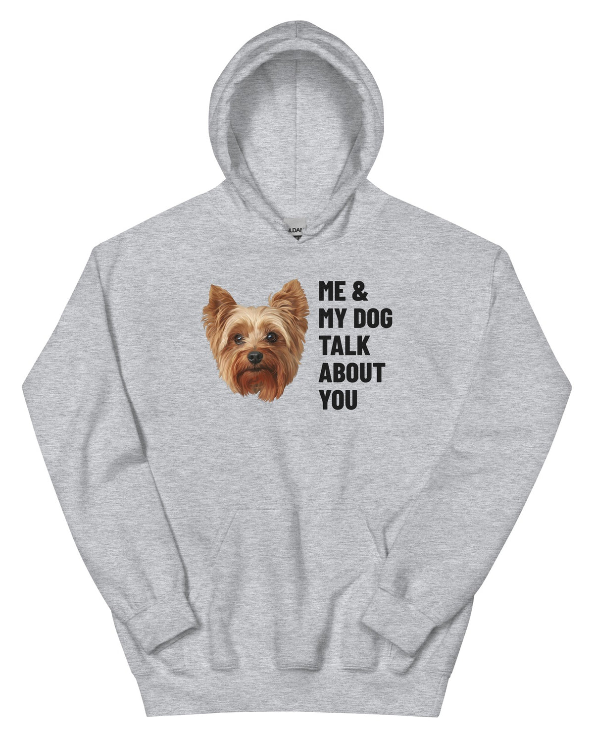 Me & My Dog Talk About You Custom Pet Hoodie (Sport Grey), Gizmo the Yorkshire Terrier: front view. [ks Colour=Sport Grey; kind=product]