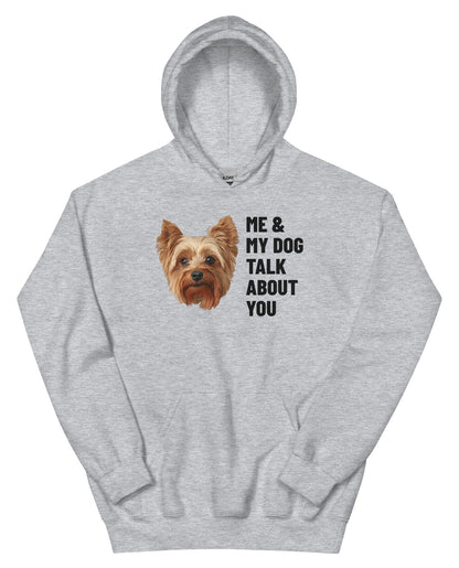 Me & My Dog Talk About You Custom Pet Hoodie (Sport Grey), Gizmo the Yorkshire Terrier: front view. [ks Colour=Sport Grey; kind=product]