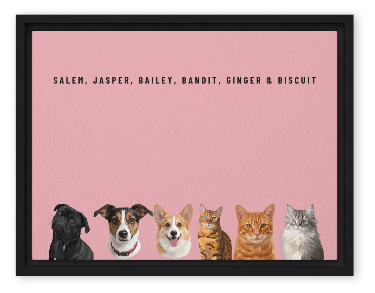 Custom Six Pet Portrait Canvas (Black Framed Canvas): Salem the Pug & Jasper the Jack Russell Terrier & Bailey the Pembroke Welsh Corgi & Bandit the Bengal cat & Ginger the orange tabby cat & Biscuit the tabby kitten on a Rose background. [ks Style=Black Framed Canvas; Background=Rose]