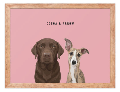 Custom Two Pet Portrait Framed Print (Oak): Cocoa the chocolate Labrador & Arrow the Whippet on a Rose background. [ks Frame=Oak; Background=Rose]