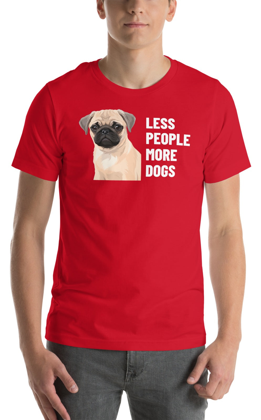 Less People More Dogs Custom Pet T-Shirt (Red), Waffles the Pug: worn by a model. [ks Colour=Red; kind=product]