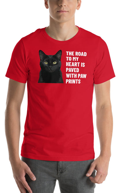 The Road To My Heart Is Paved With Paw Prints Custom Pet T-Shirt (Red), Olive the black cat: worn by a model. [ks Colour=Red; kind=product]