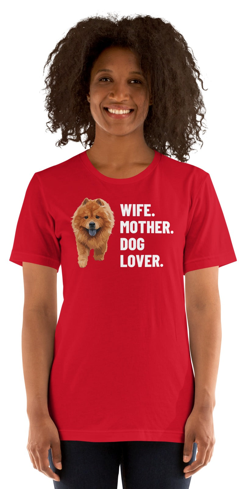 Wife. Mother. Dog Lover. Custom Pet T-Shirt (Red), Simba the Chow Chow: worn by a model. [ks Colour=Red; kind=product]