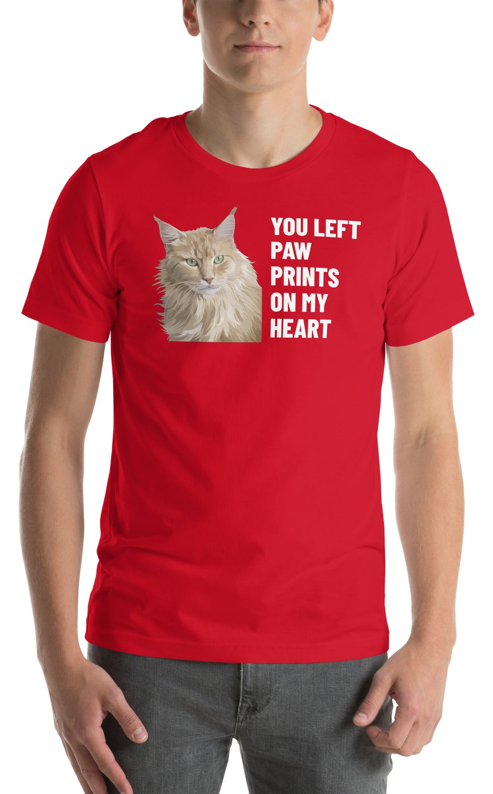 You Left Paw Prints On My Heart Custom Pet T-Shirt (Red), Caramel the Maine Coon cat: worn by a model. [ks Colour=Red; kind=product]