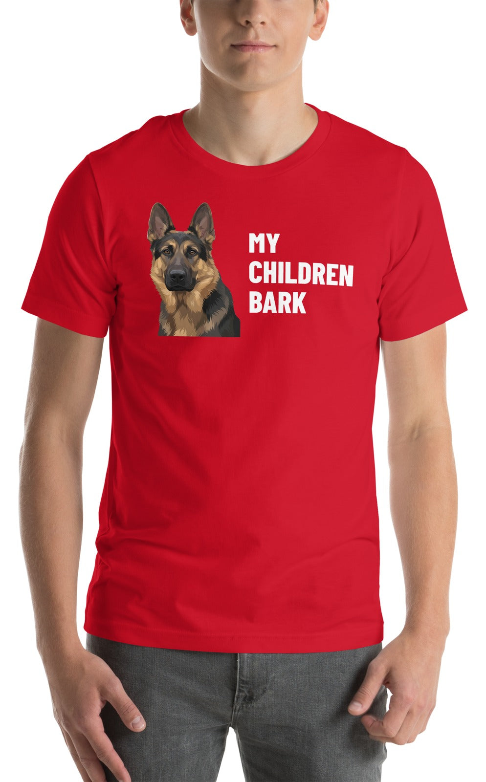 My Children Bark Custom Pet T-Shirt (Red), Max the German Shepherd: worn by a model. [ks Colour=Red; kind=product]