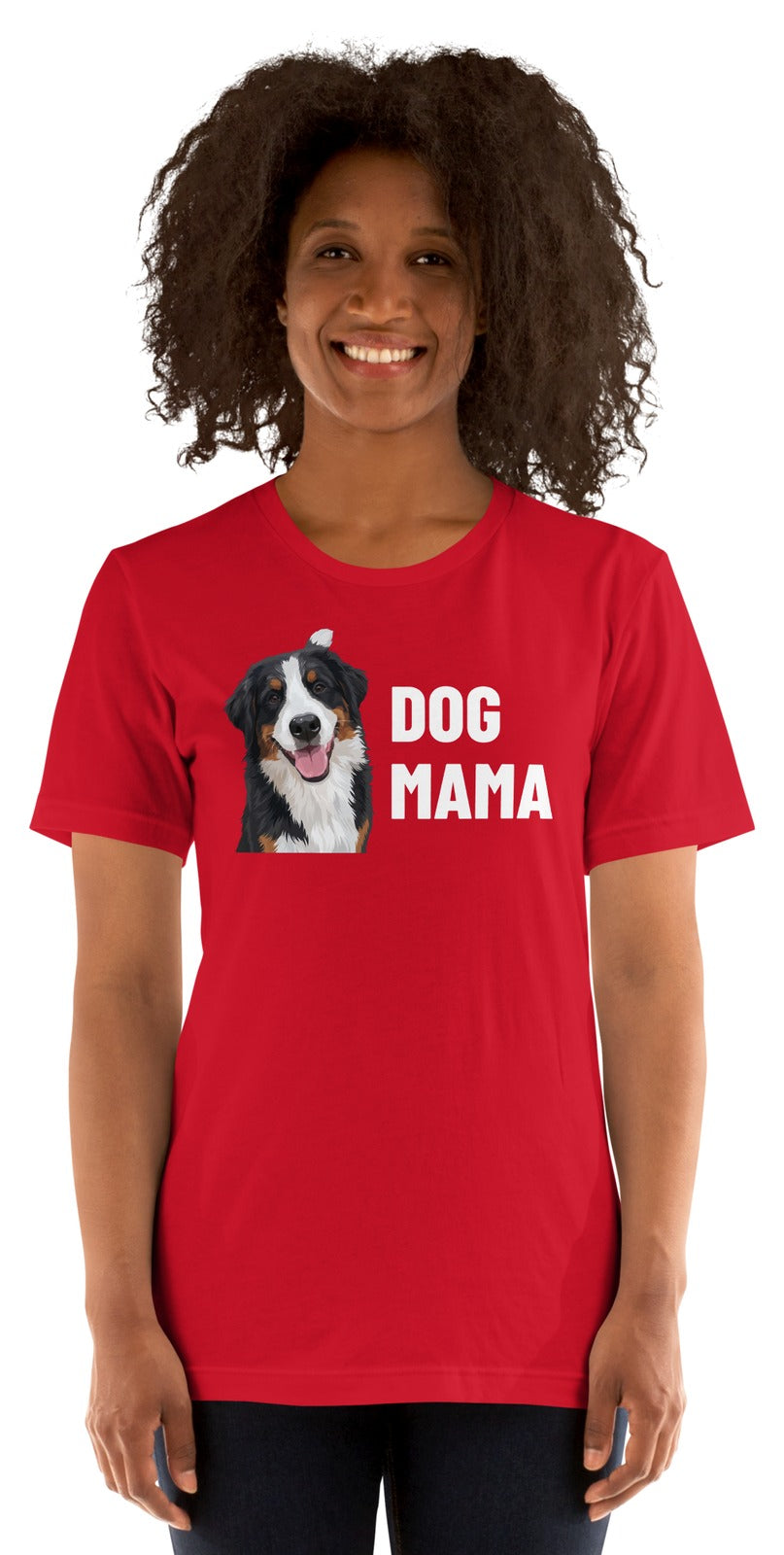 Dog Mama Custom Pet T-Shirt (Red), Bear the Bernese Mountain Dog: worn by a model. [ks Colour=Red; kind=product]