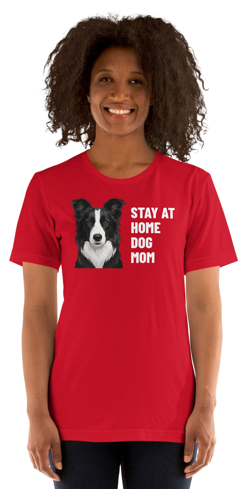 Stay At Home Dog Mom Custom Pet T-Shirt (Red), Oreo the Border Collie: worn by a model. [ks Colour=Red; kind=product]