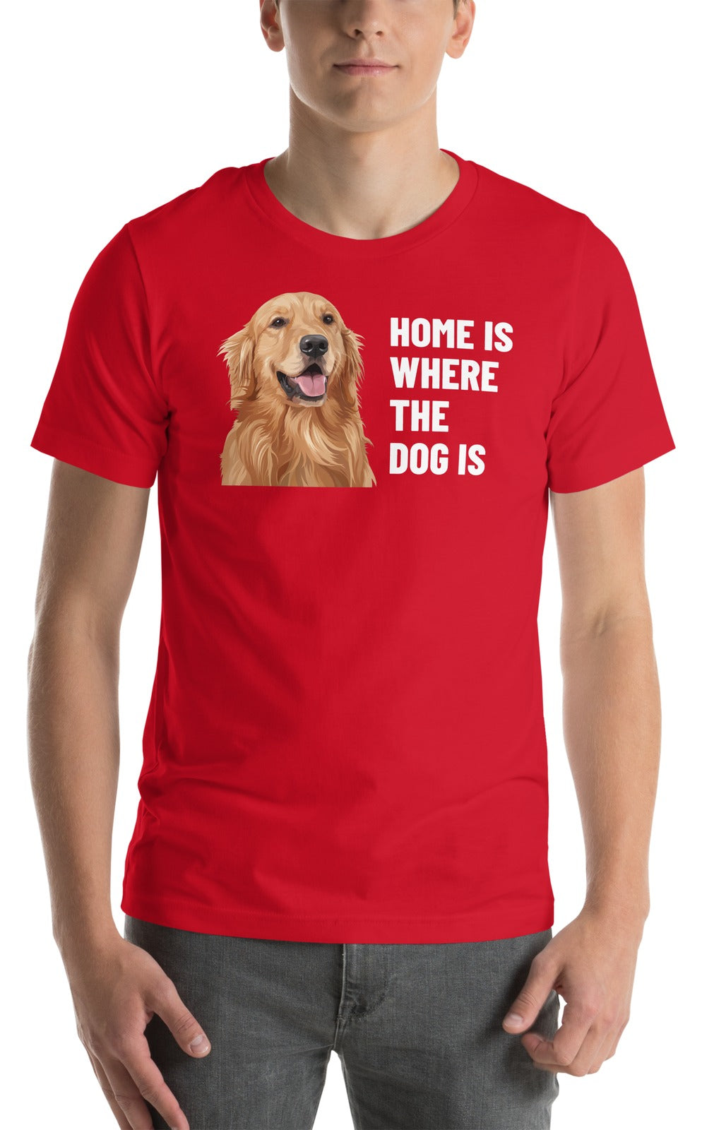 Home Is Where The Dog Is Custom Pet T-Shirt (Red), Cooper the Golden Retriever: worn by a model. [ks Colour=Red; kind=product]