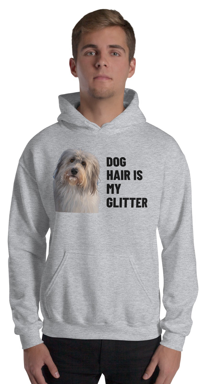Dog Hair Is My Glitter Custom Pet Hoodie (Sport Grey), Gandalf the Sheepdog: worn by a model. [ks Colour=Sport Grey; kind=product]