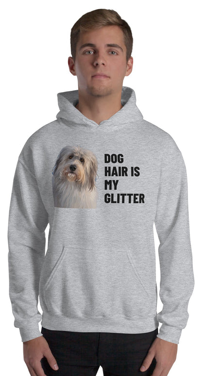 Dog Hair Is My Glitter Custom Pet Hoodie (Sport Grey), Gandalf the Sheepdog: worn by a model. [ks Colour=Sport Grey; kind=product]