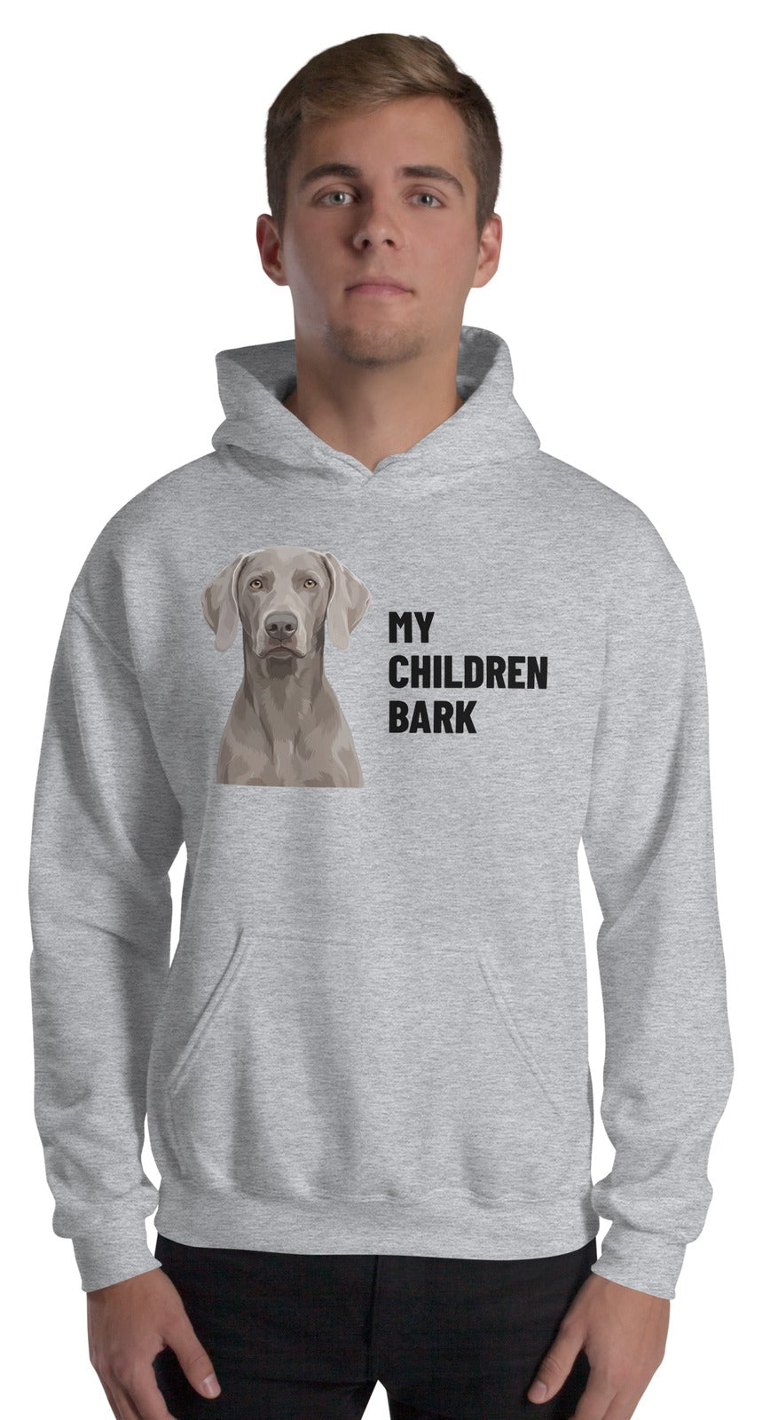 My Children Bark Custom Pet Hoodie (Sport Grey), Pewter the Weimaraner: worn by a model. [ks Colour=Sport Grey; kind=product]