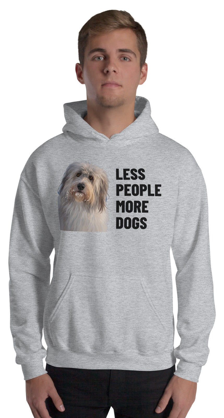Less People More Dogs Custom Pet Hoodie (Sport Grey), Gandalf the Sheepdog: worn by a model. [ks Colour=Sport Grey; kind=product]