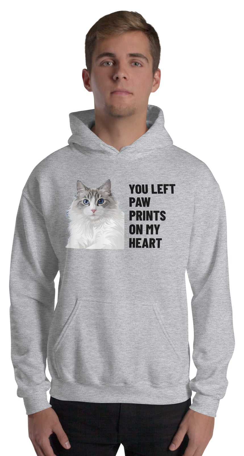 You Left Paw Prints On My Heart Custom Pet Hoodie (Sport Grey), Cloud the Ragdoll cat: worn by a model. [ks Colour=Sport Grey; kind=product]