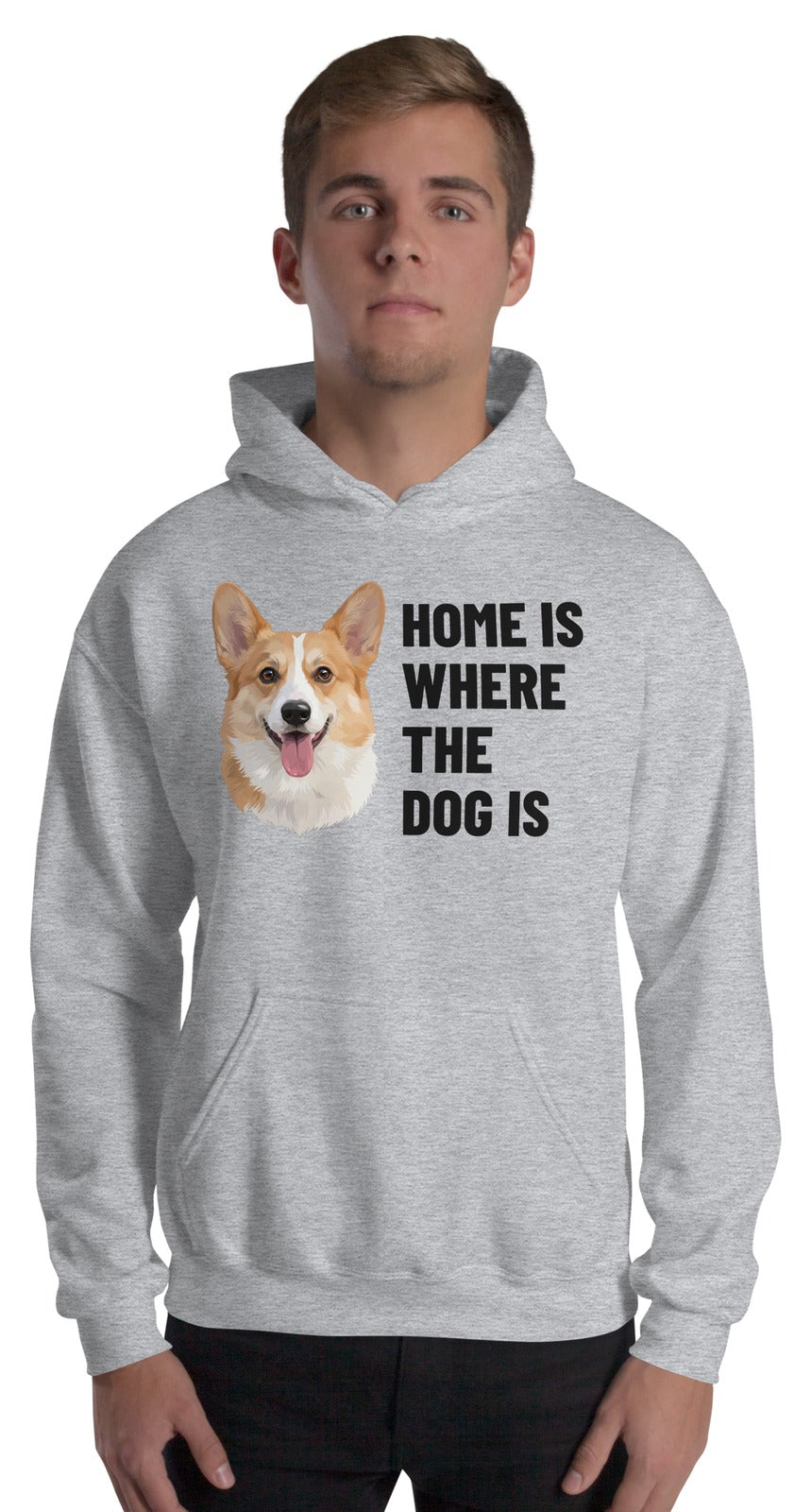 Home Is Where The Dog Is Custom Pet Hoodie (Sport Grey), Bailey the Pembroke Welsh Corgi: worn by a model. [ks Colour=Sport Grey; kind=product]