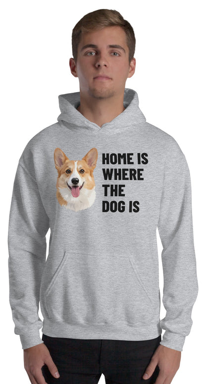 Home Is Where The Dog Is Custom Pet Hoodie (Sport Grey), Bailey the Pembroke Welsh Corgi: worn by a model. [ks Colour=Sport Grey; kind=product]