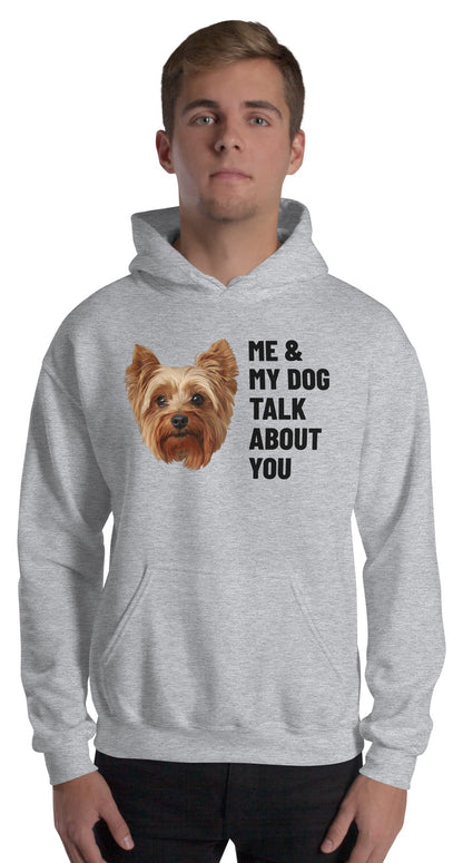Me & My Dog Talk About You Custom Pet Hoodie (Sport Grey), Gizmo the Yorkshire Terrier: worn by a model. [ks Colour=Sport Grey; kind=product]