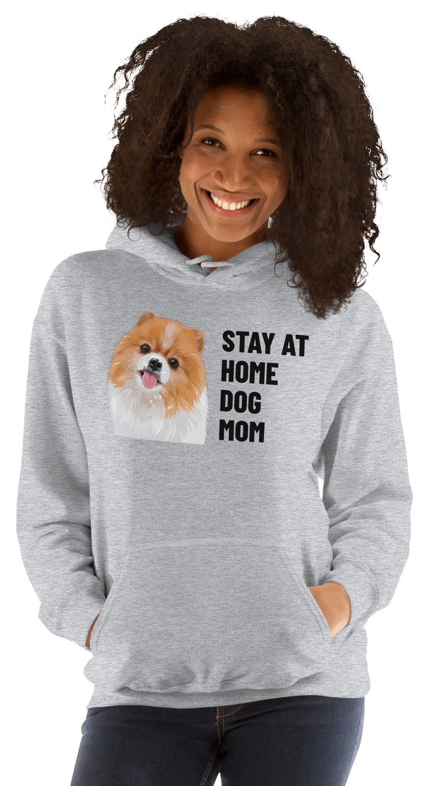 Stay At Home Dog Mom Custom Pet Hoodie (Sport Grey), Nugget the Pomeranian: worn by a model. [ks Colour=Sport Grey; kind=product]