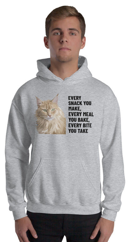 Every Snack You Make, Every Meal You Bake, Every Bite You Take Custom Pet Hoodie (Sport Grey), Caramel the Maine Coon cat: worn by a model. [ks Colour=Sport Grey; kind=product]