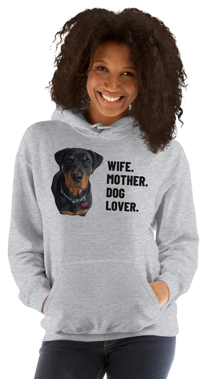 Wife. Mother. Dog Lover. Custom Pet Hoodie (Sport Grey), Thor the Rottweiler: worn by a model. [ks Colour=Sport Grey; kind=product]