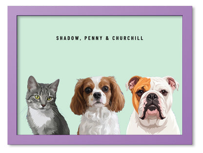 Custom Three Pet Portrait Coloured Frame Print (Lilac): Shadow the grey tabby cat & Penny the Cavalier King Charles Spaniel & Churchill the English Bulldog on a Mint background. [ks Frame Colour=Lilac; Background=Mint]