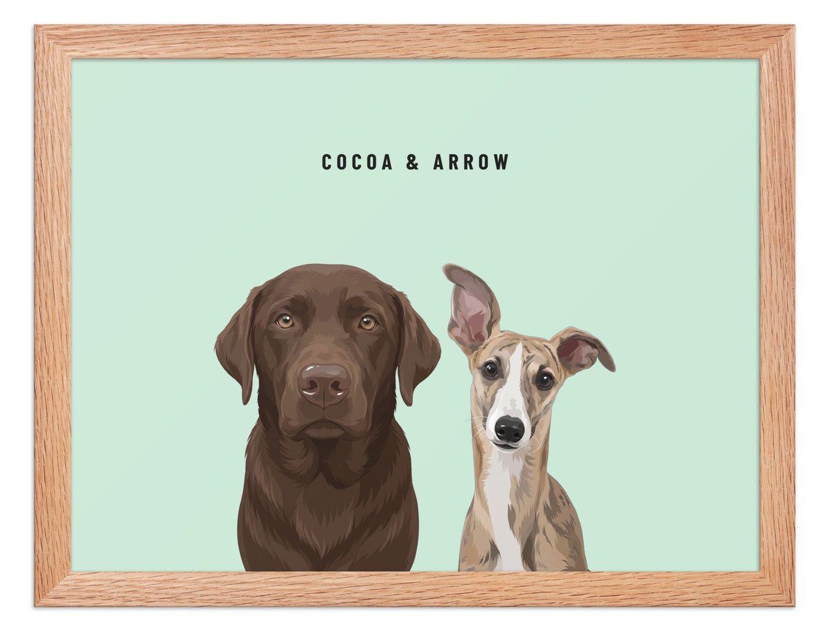 Custom Two Pet Portrait Framed Print (Oak): Cocoa the chocolate Labrador & Arrow the Whippet on a Mint background. [ks Frame=Oak; Background=Mint]