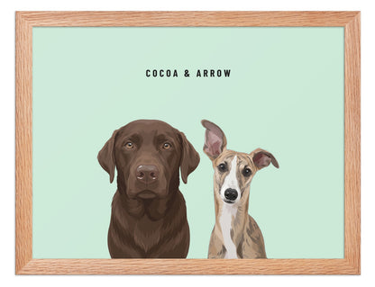 Custom Two Pet Portrait Framed Print (Oak): Cocoa the chocolate Labrador & Arrow the Whippet on a Mint background. [ks Frame=Oak; Background=Mint]