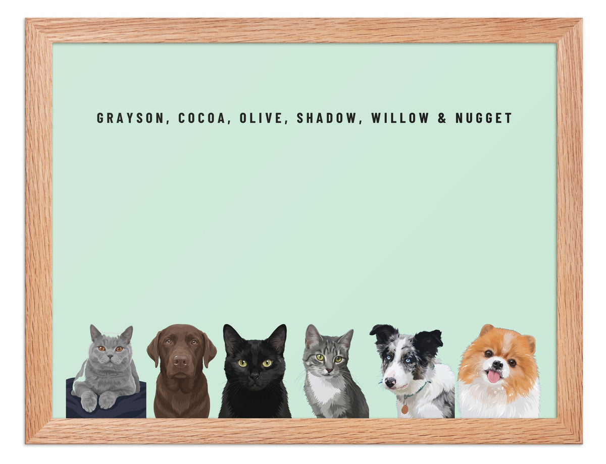 Custom Six Pet Portrait Framed Print (Oak): Grayson the British Shorthair cat & Cocoa the chocolate Labrador & Olive the black cat & Shadow the grey tabby cat & Willow the Border Collie & Nugget the Pomeranian on a Mint background. [ks Frame=Oak; Background=Mint]