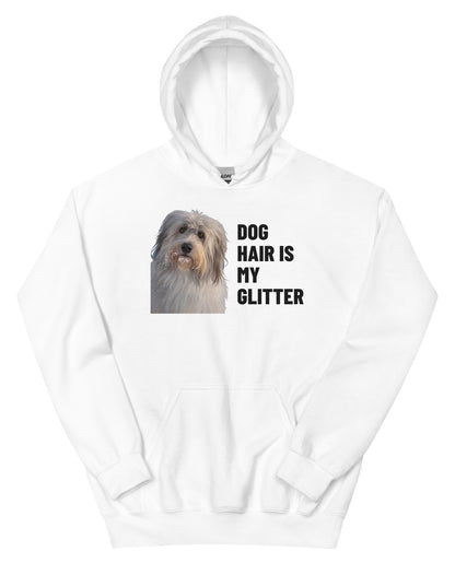 Dog Hair Is My Glitter Custom Pet Hoodie (White), Gandalf the Sheepdog: front view. [ks Colour=White; kind=product]
