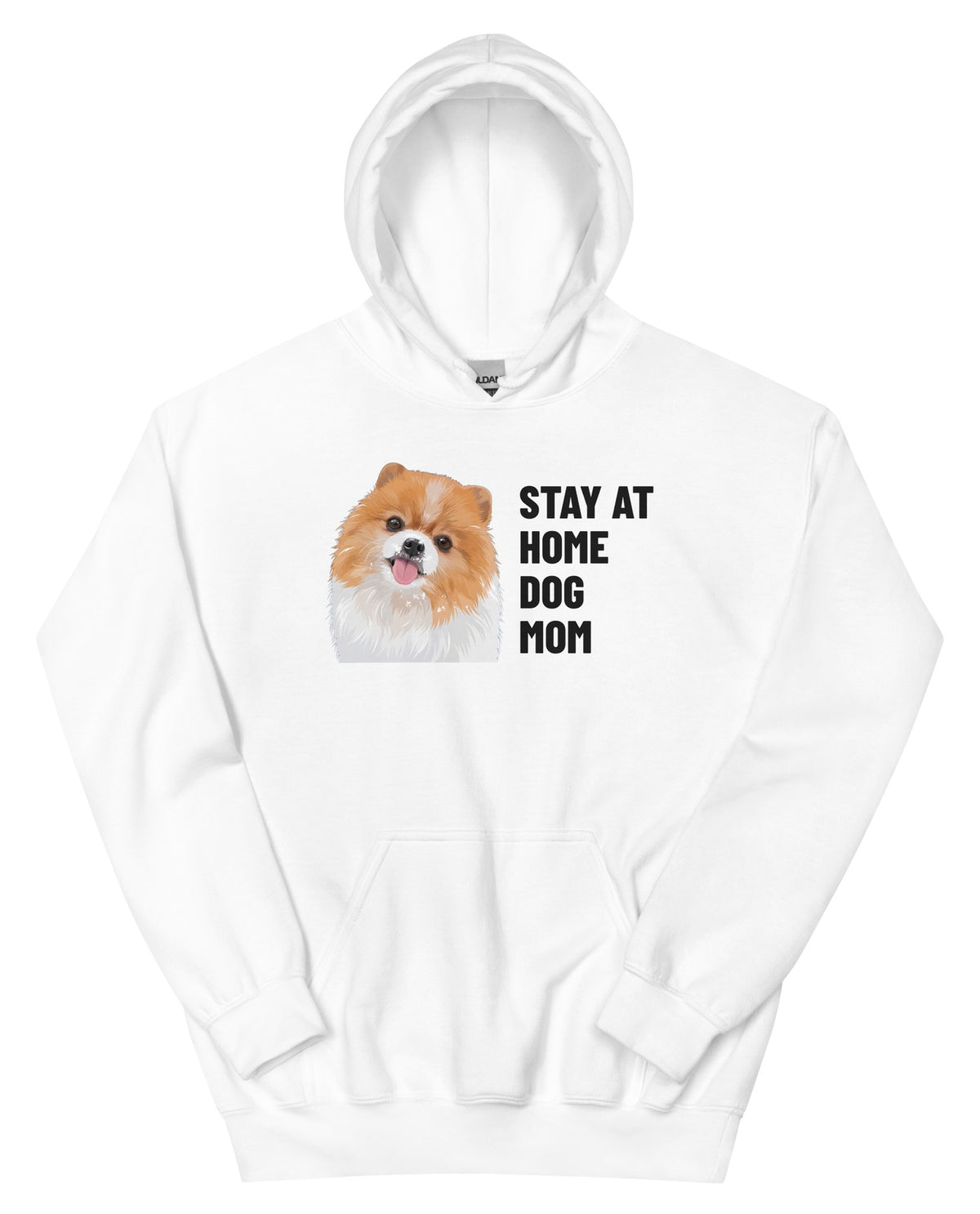 Stay At Home Dog Mom Custom Pet Hoodie (White), Nugget the Pomeranian: front view. [ks Colour=White; kind=product]