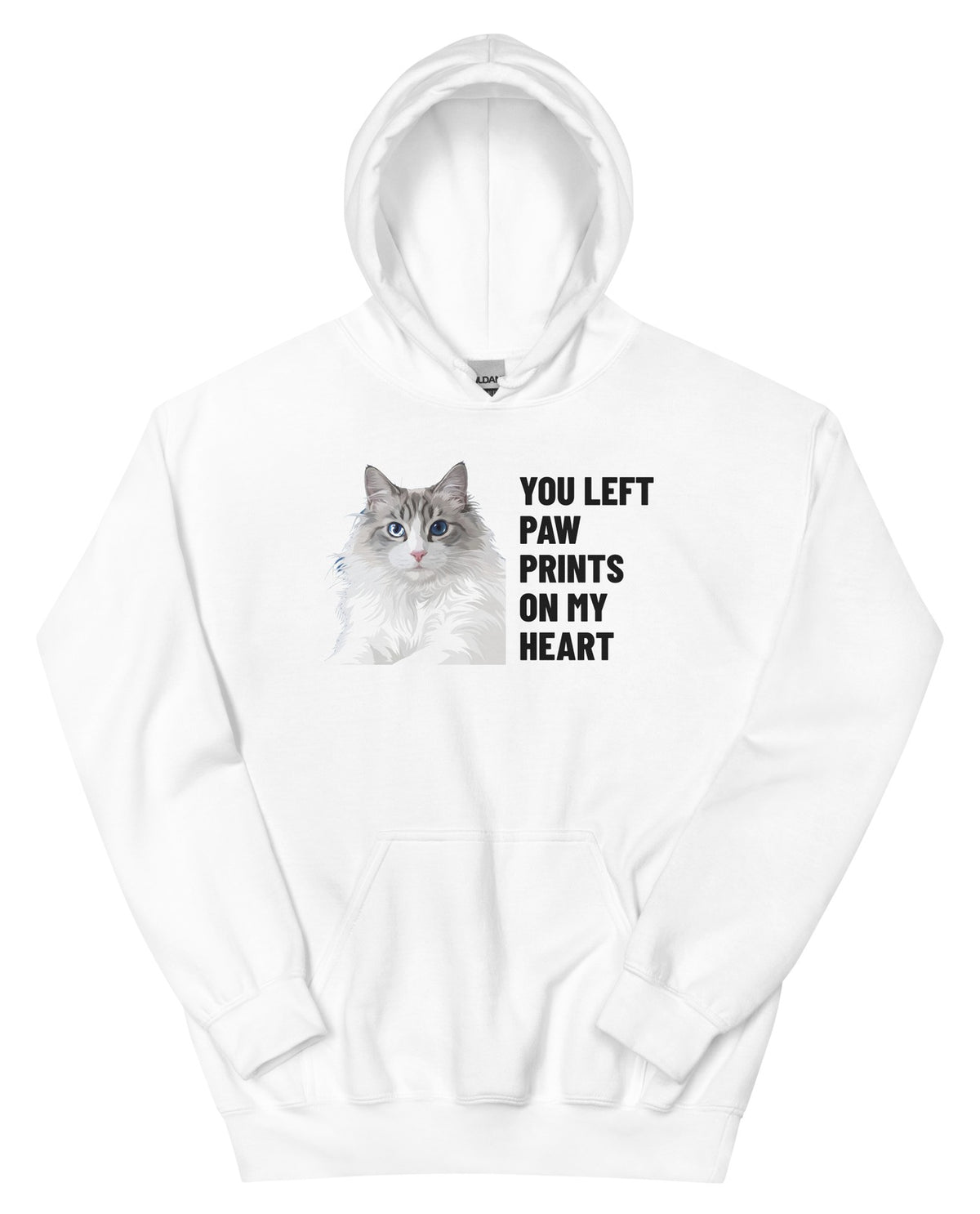 You Left Paw Prints On My Heart Custom Pet Hoodie (White), Cloud the Ragdoll cat: front view. [ks Colour=White; kind=product]