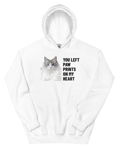 You Left Paw Prints On My Heart Custom Pet Hoodie (White), Cloud the Ragdoll cat: front view. [ks Colour=White; kind=product]