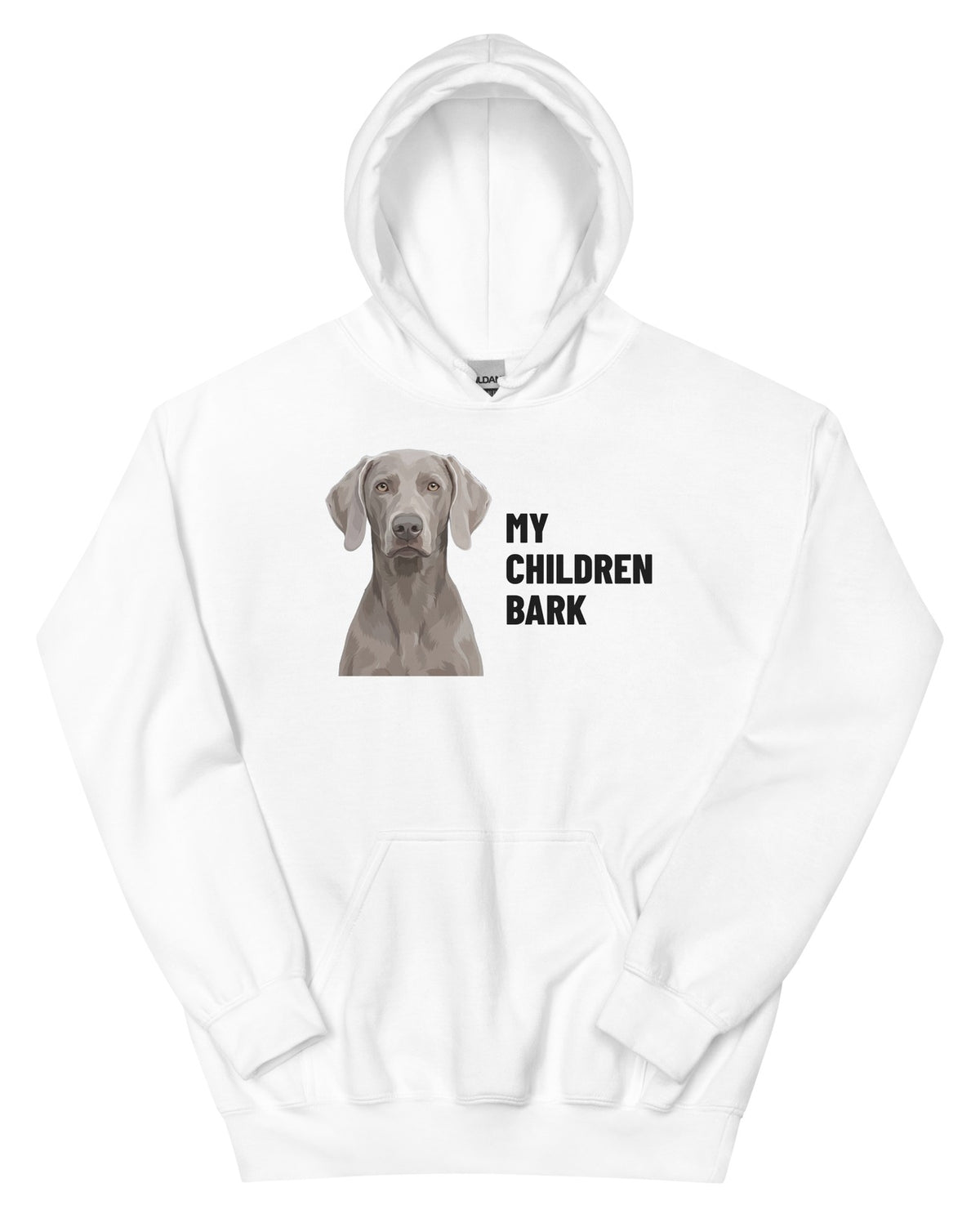 My Children Bark Custom Pet Hoodie (White), Pewter the Weimaraner: front view. [ks Colour=White; kind=product]