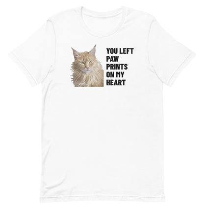You Left Paw Prints On My Heart Custom Pet T-Shirt (White), Caramel the Maine Coon cat: front view. [ks Colour=White; kind=product]