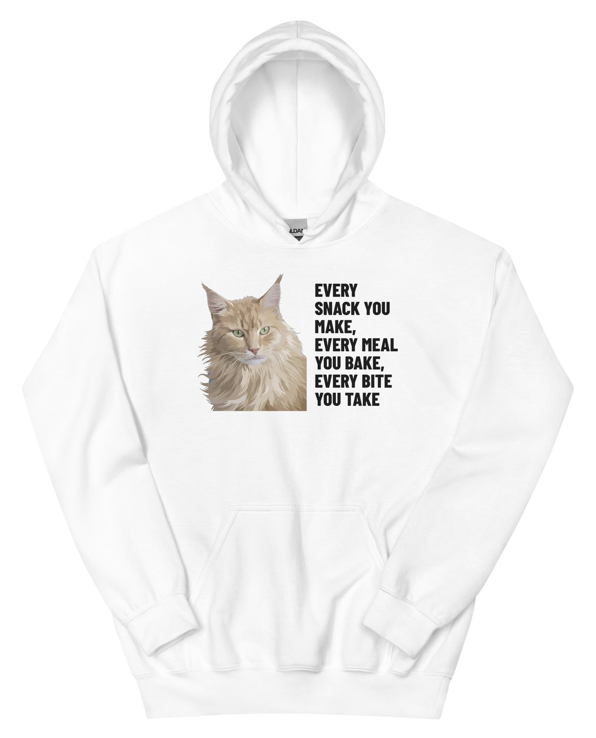 Every Snack You Make, Every Meal You Bake, Every Bite You Take Custom Pet Hoodie (White), Caramel the Maine Coon cat: front view. [ks Colour=White; kind=product]