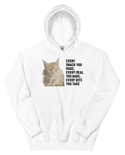 Every Snack You Make, Every Meal You Bake, Every Bite You Take Custom Pet Hoodie (White), Caramel the Maine Coon cat: front view. [ks Colour=White; kind=product]