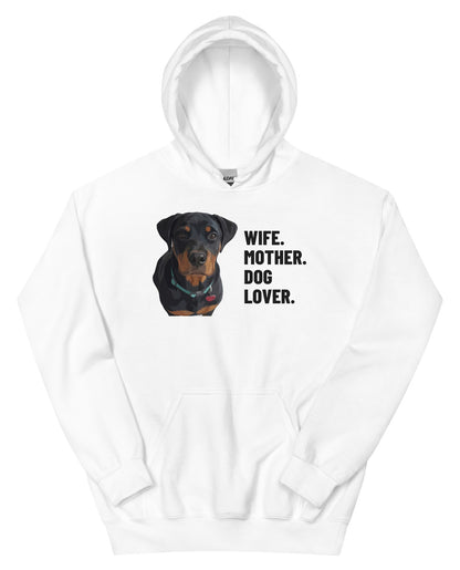 Wife. Mother. Dog Lover. Custom Pet Hoodie (White), Thor the Rottweiler: front view. [ks Colour=White; kind=product]