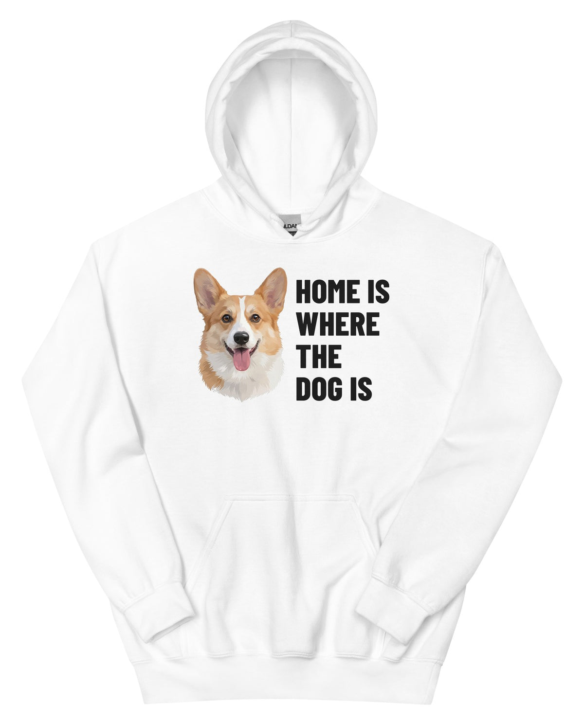 Home Is Where The Dog Is Custom Pet Hoodie (White), Bailey the Pembroke Welsh Corgi: front view. [ks Colour=White; kind=product]