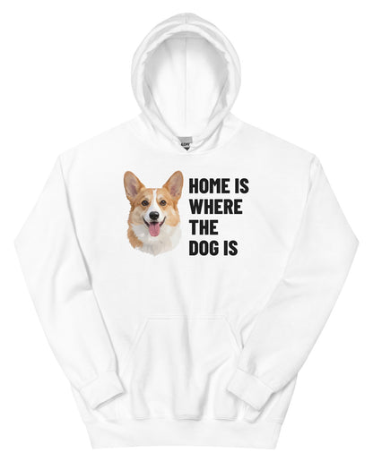 Home Is Where The Dog Is Custom Pet Hoodie (White), Bailey the Pembroke Welsh Corgi: front view. [ks Colour=White; kind=product]