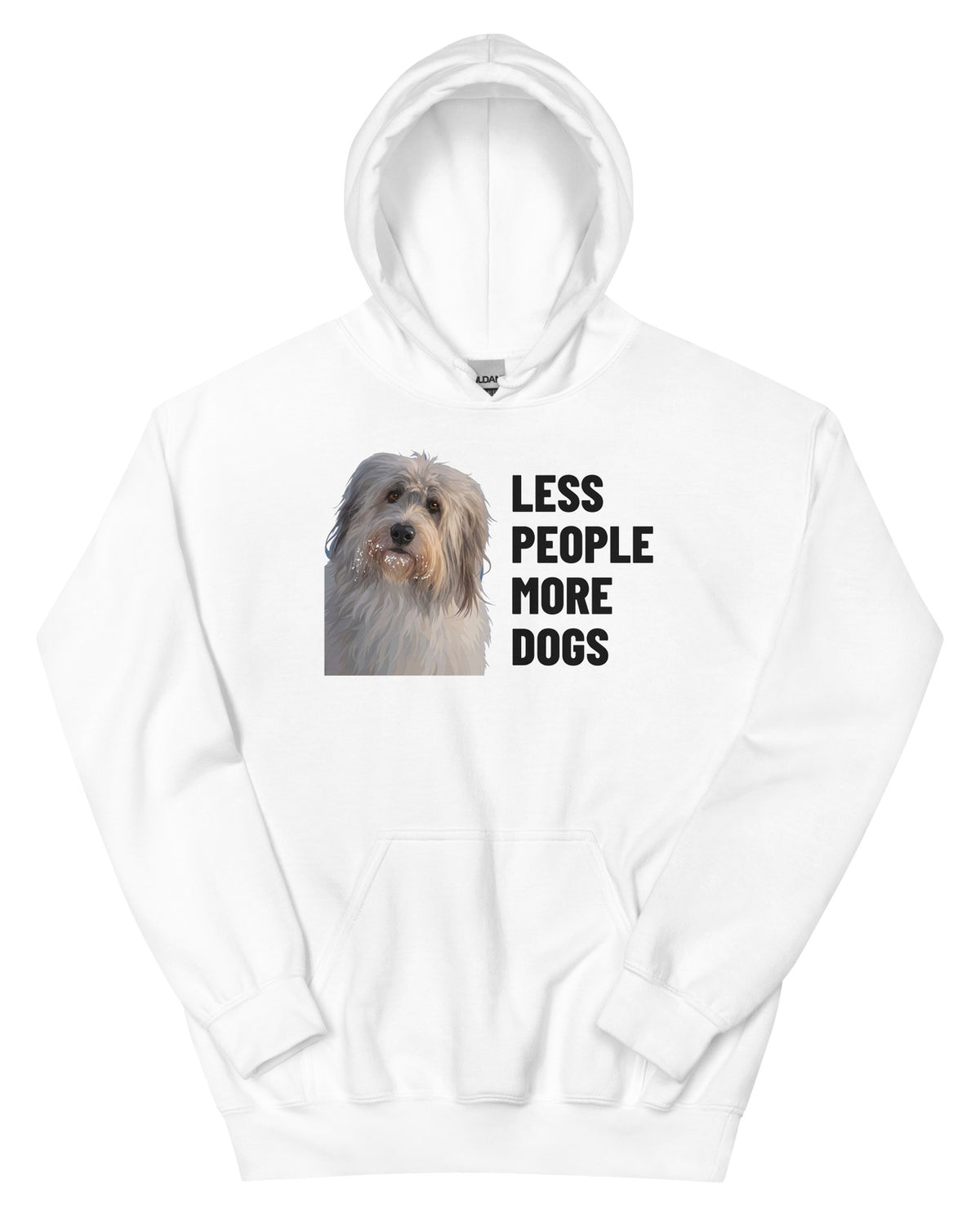 Less People More Dogs Custom Pet Hoodie (White), Gandalf the Sheepdog: front view. [ks Colour=White; kind=product]