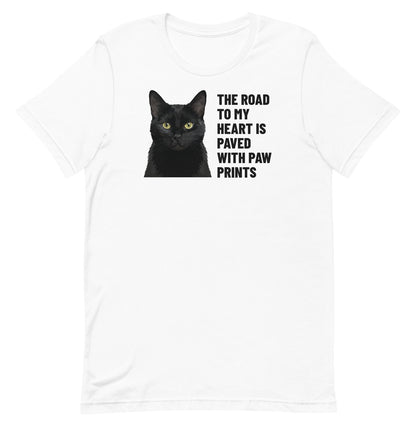 The Road To My Heart Is Paved With Paw Prints Custom Pet T-Shirt (White), Olive the black cat: front view. [ks Colour=White; kind=product]