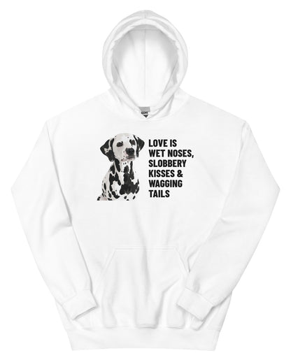 Love Is Wet Noses, Slobbery Kisses & Wagging Tails Custom Pet Hoodie (White), Dotty the Dalmatian: front view. [ks Colour=White; kind=product]