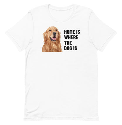Home Is Where The Dog Is Custom Pet T-Shirt (White), Cooper the Golden Retriever: front view. [ks Colour=White; kind=product]