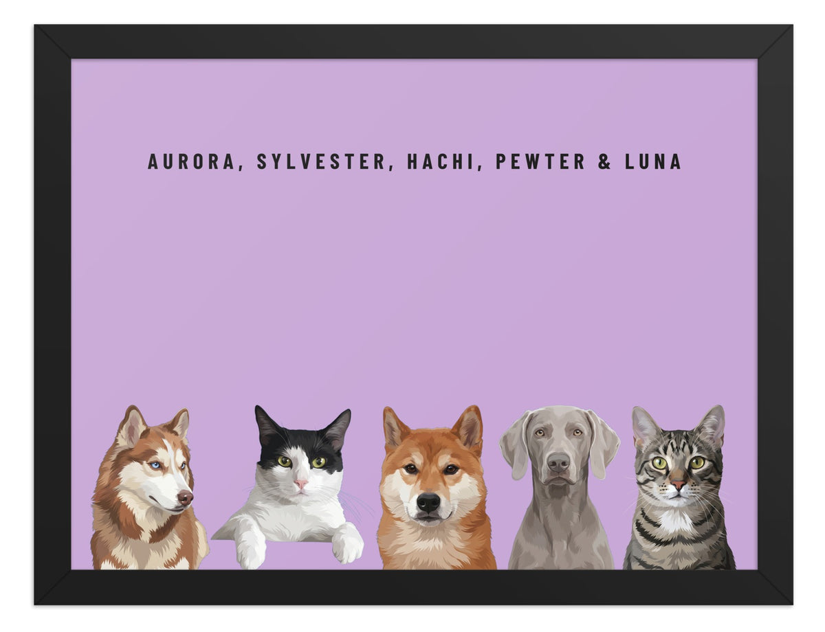 Holiday Custom Five Pet Portrait (Black Frame): Aurora the Siberian Husky & Sylvester the tuxedo cat & Hachi the Shiba Inu & Pewter the Weimaraner & Luna the grey-brown tabby cat on a Orchid background. [ks Style=Black Frame; Background=Orchid]
