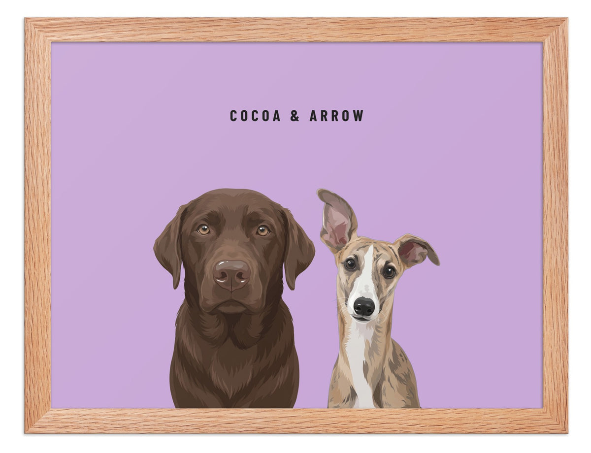 Custom Two Pet Portrait Framed Print (Oak): Cocoa the chocolate Labrador & Arrow the Whippet on a Orchid background. [ks Frame=Oak; Background=Orchid]